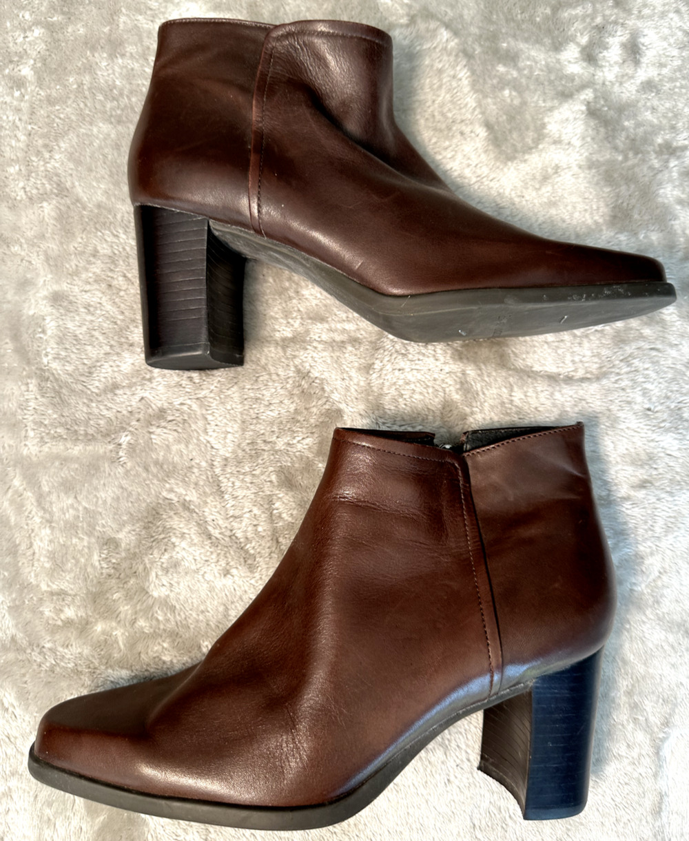 Enzo Angiolini Vintage Brown Leather Block Heel Boots Booties Size 7.5 Y2K 90s